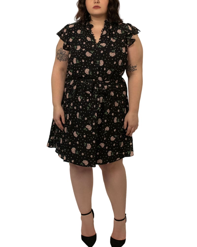 Front of a model wearing a size 1X Martika Short Dress Fit & Flare Floral Black in Black by ANNICK. | dia_product_style_image_id:290466